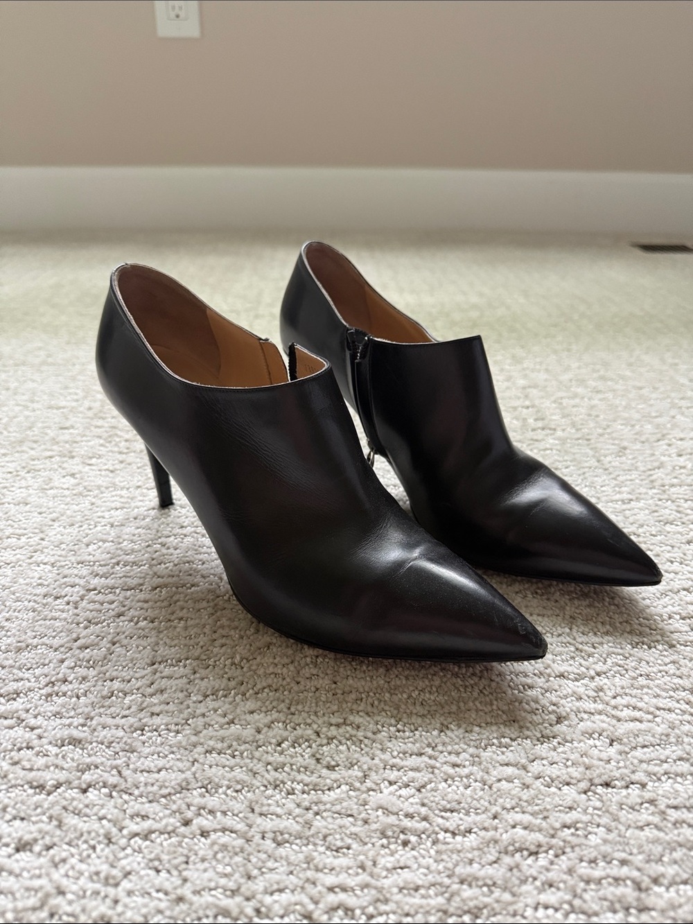 Ralph Lauren Purple Label Black Pointed Leather Ankle Booties with Side Zip